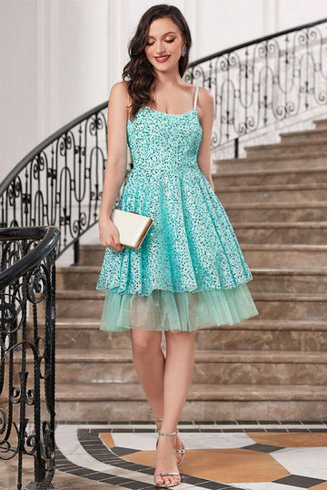 Azul Brilhante Uma Linha Esparguete Correias Sequins Tiered Vestido de Coquetel Curto